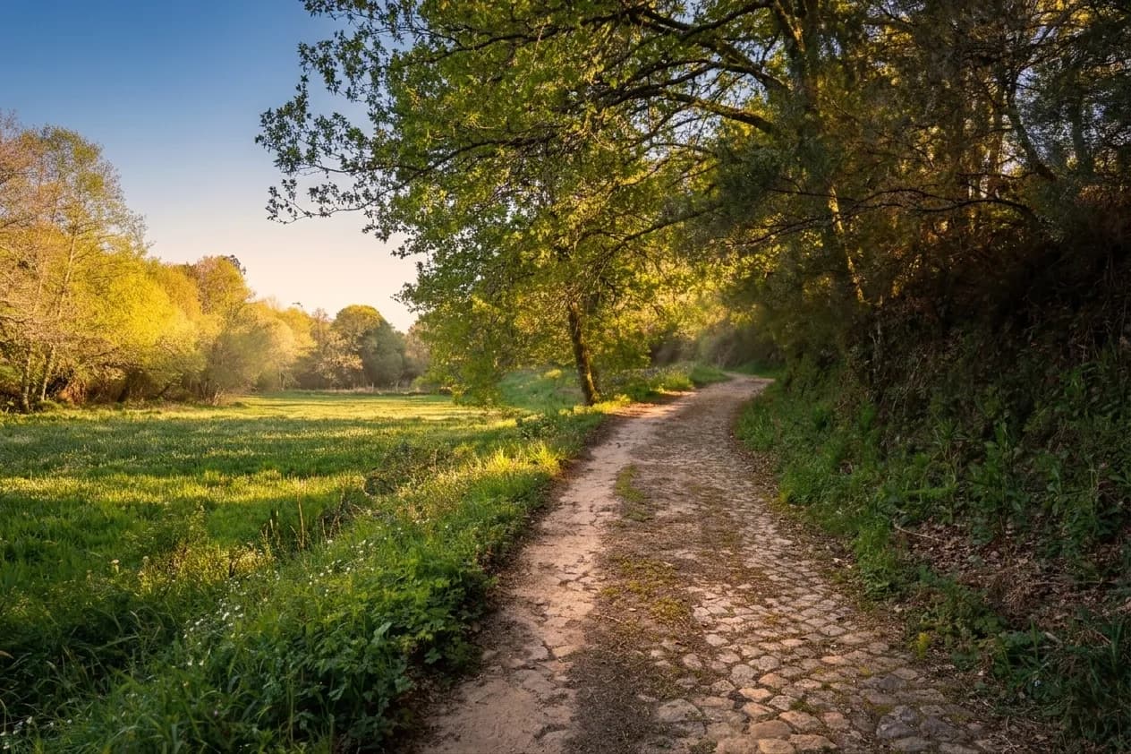 Caminho de pedra antigo através de bosque iluminado pelo sol, no Caminho Português